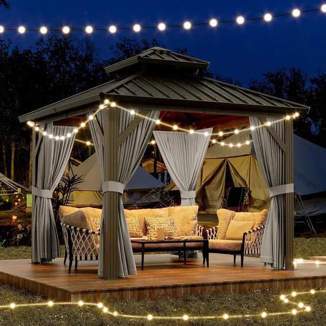 Alt view image 6 of 7 - Patikuin 10x10 FT Hardtop Gazebo, Galvanized Steel Double Roof, All-Weather Aluminum Pavilion with Netting & Curtains for Patio, Backyard, Black & Gray