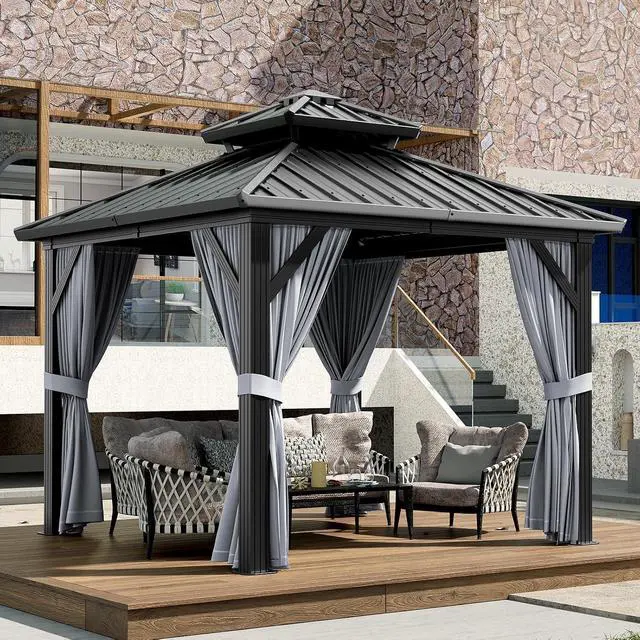 Alt view image 7 of 7 - Patikuin 10x10 FT Hardtop Gazebo, Galvanized Steel Double Roof, All-Weather Aluminum Pavilion with Netting & Curtains for Patio, Backyard, Black & Gray