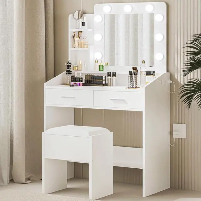 Main image of Patikuin Vanity Desk with Mirror and Lights for Bedroom, White Modern Makeup Table with 2 Drawers, 3 Light Modes & Dimmable LED, Includes Stool