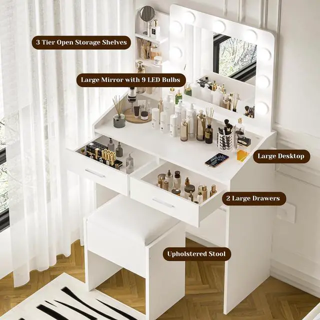 Alt view image 2 of 7 - Patikuin Vanity Desk with Mirror and Lights for Bedroom, White Modern Makeup Table with 2 Drawers, 3 Light Modes & Dimmable LED, Includes Stool