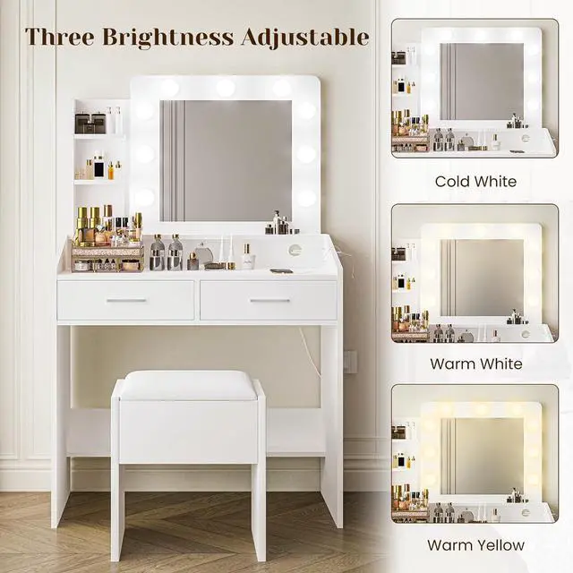 Alt view image 3 of 7 - Patikuin Vanity Desk with Mirror and Lights for Bedroom, White Modern Makeup Table with 2 Drawers, 3 Light Modes & Dimmable LED, Includes Stool