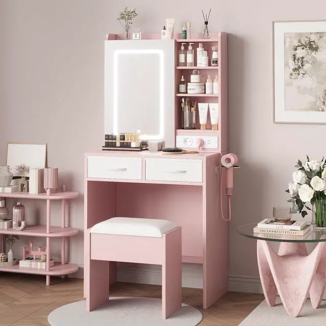 Alt view image 2 of 7 - Pink Makeup Vanity with Lights and Mirror, Vanity Desk with Charging Station, Power Outlets & USB Ports, Dressing Table with Stool, Drawers and Shelves, Bedroom Makeup Vanity Desk with Storage