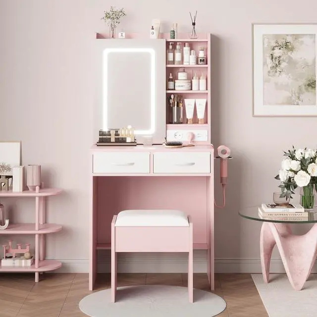 Main image of Pink Makeup Vanity with Lights and Mirror, Vanity Desk with Charging Station, Power Outlets & USB Ports, Dressing Table with Stool, Drawers and Shelves, Bedroom Makeup Vanity Desk with Storage