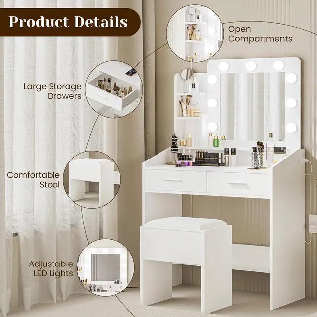 Alt view image 6 of 7 - Patikuin Vanity Desk with Mirror and Lights for Bedroom, White Modern Makeup Table with 2 Drawers, 3 Light Modes & Dimmable LED, Includes Stool