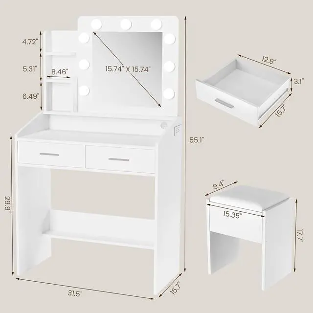 Alt view image 4 of 7 - Patikuin Vanity Desk with Mirror and Lights for Bedroom, White Modern Makeup Table with 2 Drawers, 3 Light Modes & Dimmable LED, Includes Stool