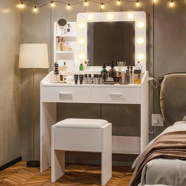 Alt view image 7 of 7 - Patikuin Vanity Desk with Mirror and Lights for Bedroom, White Modern Makeup Table with 2 Drawers, 3 Light Modes & Dimmable LED, Includes Stool