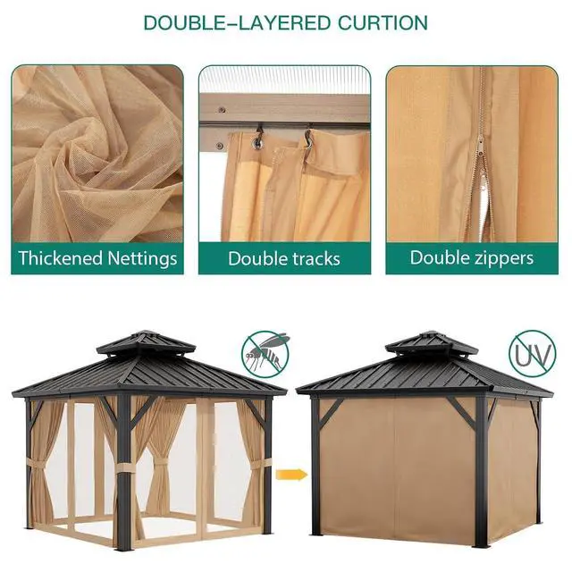 Alt view image 4 of 7 - Patikuin 10x10 FT Hardtop Gazebo, Galvanized Steel Double Roof, All-Weather Aluminum Pavilion with Netting & Curtains for Patio, Backyard, Black & Brown