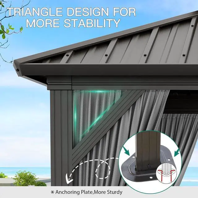 Alt view image 3 of 7 - Patikuin 10x12 FT Hardtop Gazebo, Galvanized Steel Double Roof, All-Weather Aluminum Pavilion with Netting & Curtains for Patio, Backyard, Black & Gray