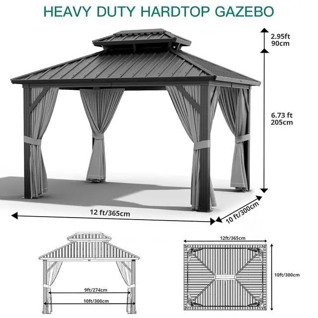 Alt view image 6 of 7 - Patikuin 10x12 FT Hardtop Gazebo, Galvanized Steel Double Roof, All-Weather Aluminum Pavilion with Netting & Curtains for Patio, Backyard, Black & Gray