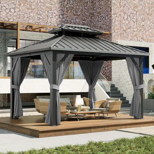 Alt view image 7 of 7 - Patikuin 10x12 FT Hardtop Gazebo, Galvanized Steel Double Roof, All-Weather Aluminum Pavilion with Netting & Curtains for Patio, Backyard, Black & Gray