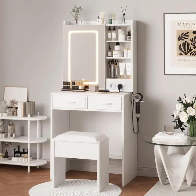 Alt view image 2 of 7 - White Makeup Vanity with Lights and Mirror, Vanity Desk with Charging Station, Power Outlets & USB Ports, Dressing Table with Stool, Drawers and Shelves, Bedroom Makeup Vanity Desk with Storage