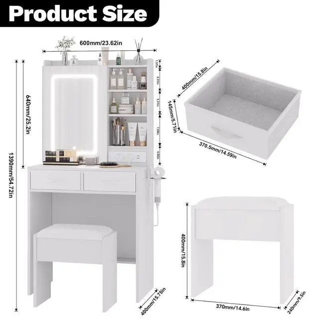 Alt view image 4 of 7 - White Makeup Vanity with Lights and Mirror, Vanity Desk with Charging Station, Power Outlets & USB Ports, Dressing Table with Stool, Drawers and Shelves, Bedroom Makeup Vanity Desk with Storage
