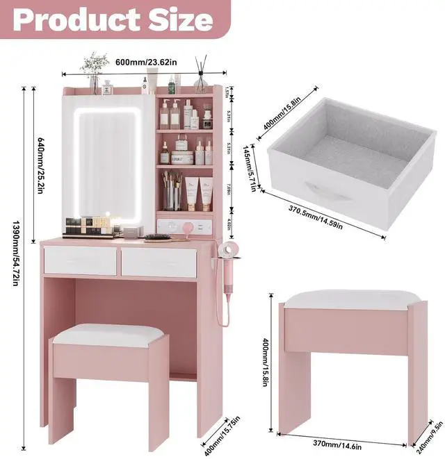 Alt view image 4 of 7 - Pink Makeup Vanity with Lights and Mirror, Vanity Desk with Charging Station, Power Outlets & USB Ports, Dressing Table with Stool, Drawers and Shelves, Bedroom Makeup Vanity Desk with Storage