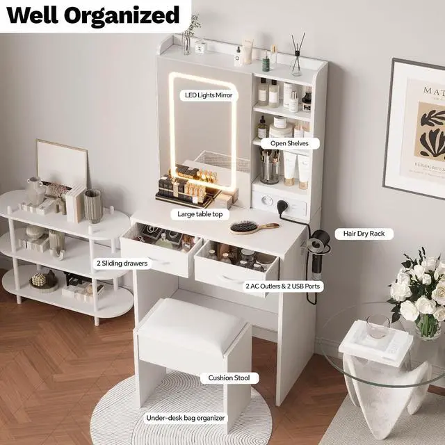 Alt view image 5 of 7 - White Makeup Vanity with Lights and Mirror, Vanity Desk with Charging Station, Power Outlets & USB Ports, Dressing Table with Stool, Drawers and Shelves, Bedroom Makeup Vanity Desk with Storage