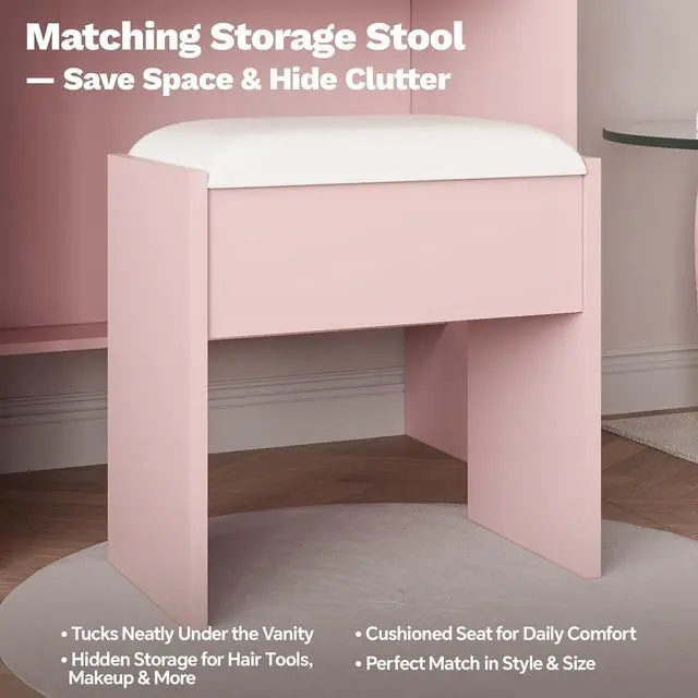Alt view image 7 of 7 - Pink Makeup Vanity with Lights and Mirror, Vanity Desk with Charging Station, Power Outlets & USB Ports, Dressing Table with Stool, Drawers and Shelves, Bedroom Makeup Vanity Desk with Storage