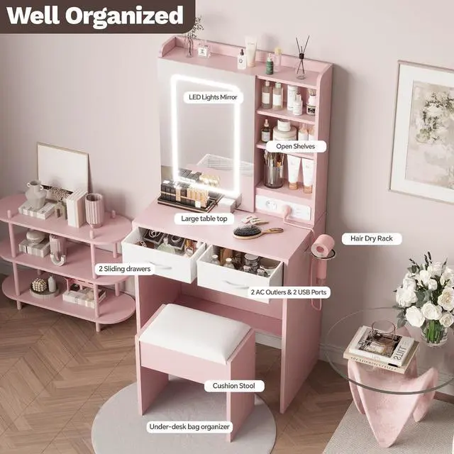 Alt view image 5 of 7 - Pink Makeup Vanity with Lights and Mirror, Vanity Desk with Charging Station, Power Outlets & USB Ports, Dressing Table with Stool, Drawers and Shelves, Bedroom Makeup Vanity Desk with Storage