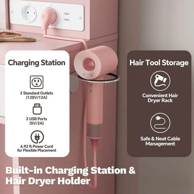 Alt view image 6 of 7 - Pink Makeup Vanity with Lights and Mirror, Vanity Desk with Charging Station, Power Outlets & USB Ports, Dressing Table with Stool, Drawers and Shelves, Bedroom Makeup Vanity Desk with Storage
