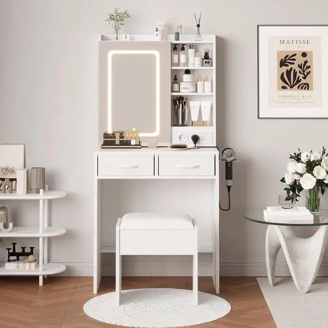 Main image of White Makeup Vanity with Lights and Mirror, Vanity Desk with Charging Station, Power Outlets & USB Ports, Dressing Table with Stool, Drawers and Shelves, Bedroom Makeup Vanity Desk with Storage