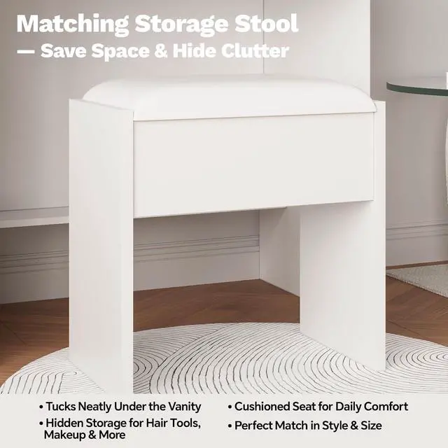 Alt view image 7 of 7 - White Makeup Vanity with Lights and Mirror, Vanity Desk with Charging Station, Power Outlets & USB Ports, Dressing Table with Stool, Drawers and Shelves, Bedroom Makeup Vanity Desk with Storage