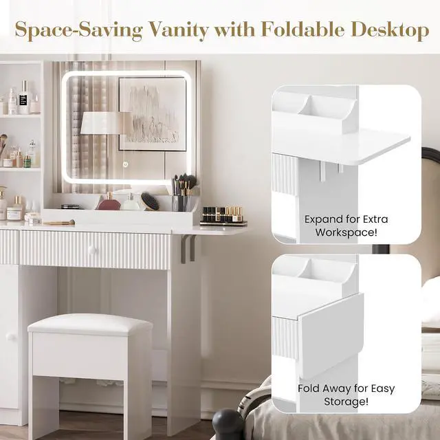 Alt view image 3 of 7 - Patikuin Vanity Desk with Mirror and Lights, White Makeup Vanity with Charging Station, Dressing Table Set with Storage Chair, Drawer Shelves, and Foldable Panel for Compact Space Bedroom, White