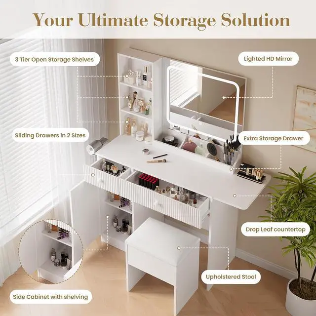 Alt view image 4 of 7 - Patikuin Vanity Desk with Mirror and Lights, White Makeup Vanity with Charging Station, Dressing Table Set with Storage Chair, Drawer Shelves, and Foldable Panel for Compact Space Bedroom, White