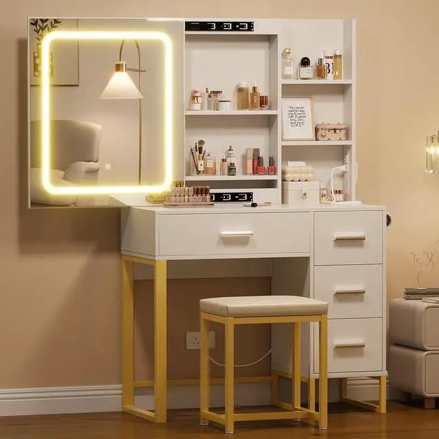 Alt view image 3 of 7 - Patikuin White Vanity Desk with Mirror and Lights, Makeup Vanity Desk with Sliding LED Lighted Mirror, Power Outlet, Makeup Vanity Set with 4 Drawers, Storage Shelves, Cushioned Stool for Bedroom