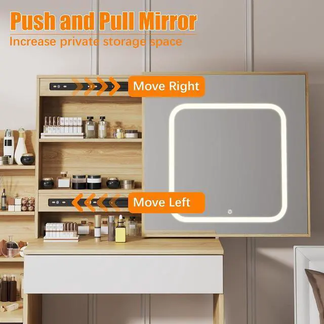 Alt view image 5 of 7 - Patikuin Vanity Desk with Mirror and LED Lights, Makeup Vanity Desk with Sliding Lighted Mirror, Power Outlet, Dressing Table with 4 Drawers, Storage Shelves & Cushioned Stool for Bedroom, Natural