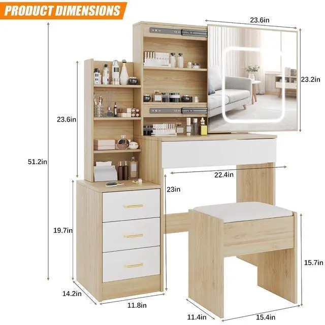 Alt view image 7 of 7 - Patikuin Vanity Desk with Mirror and LED Lights, Makeup Vanity Desk with Sliding Lighted Mirror, Power Outlet, Dressing Table with 4 Drawers, Storage Shelves & Cushioned Stool for Bedroom, Natural