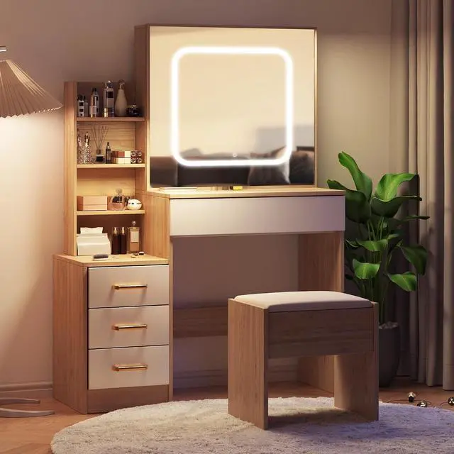 Alt view image 6 of 7 - Patikuin Vanity Desk with Mirror and LED Lights, Makeup Vanity Desk with Sliding Lighted Mirror, Power Outlet, Dressing Table with 4 Drawers, Storage Shelves & Cushioned Stool for Bedroom, Natural