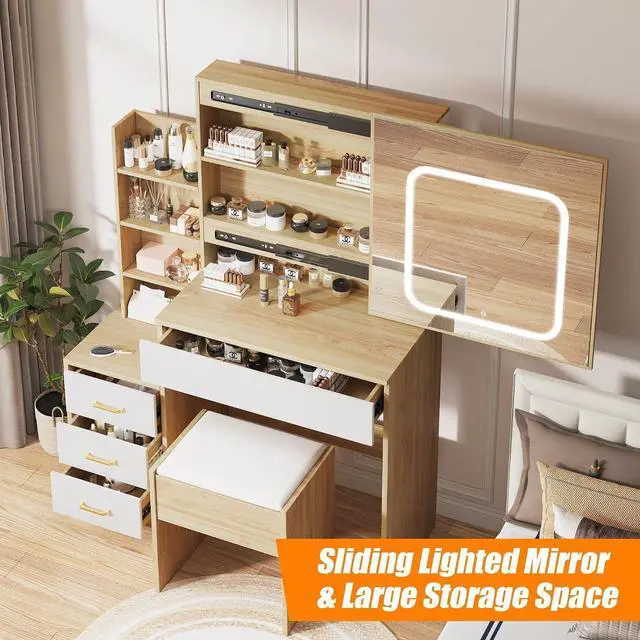 Alt view image 2 of 7 - Patikuin Vanity Desk with Mirror and LED Lights, Makeup Vanity Desk with Sliding Lighted Mirror, Power Outlet, Dressing Table with 4 Drawers, Storage Shelves & Cushioned Stool for Bedroom, Natural