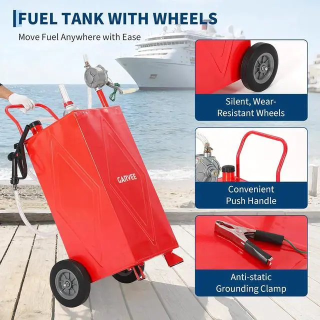 Alt view image 7 of 7 - Patikuin 35 Gallon Portable Fuel Tank, Heavy Duty Gas Caddy with Manual Transfer Pump, 4-Wheel Mobile Gasoline & Fuel Storage Tank for Cars, Tractors, Boats, Lawn Mowers