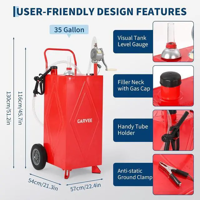 Alt view image 5 of 7 - Patikuin 35 Gallon Portable Fuel Tank, Heavy Duty Gas Caddy with Manual Transfer Pump, 4-Wheel Mobile Gasoline & Fuel Storage Tank for Cars, Tractors, Boats, Lawn Mowers
