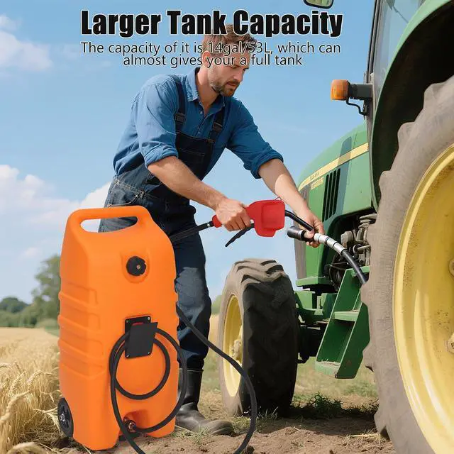 Alt view image 3 of 7 - 14 Gallon Portable Fuel Caddy Gasoline Container with Manual & Electric Pump, 10ft Hose, Wheels Red, for Cars, Lawn Mowers, ATVs, Boats, Farms & Home