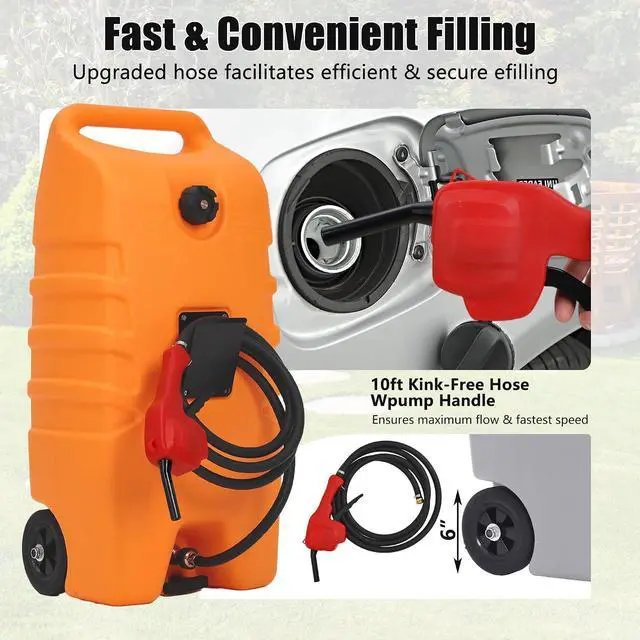 Alt view image 6 of 7 - 14 Gallon Portable Fuel Caddy Gasoline Container with Manual & Electric Pump, 10ft Hose, Wheels Red, for Cars, Lawn Mowers, ATVs, Boats, Farms & Home