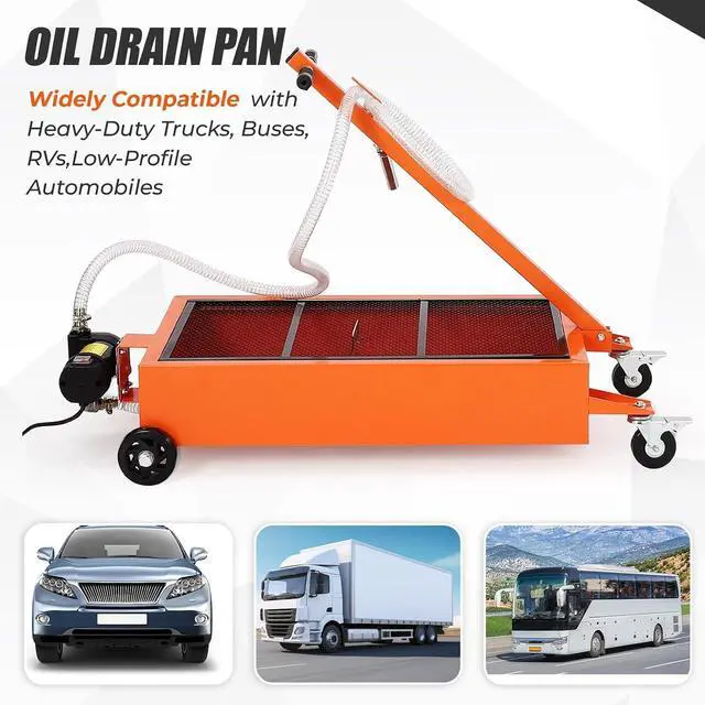 Alt view image 3 of 7 - Patikuin Heavy Duty Low Profile Oil Drain Pan - 17 Gallon, 110V Electric Pump, 8 ft Hose, Folding Handle - Large Capacity Rolling Oil Change Tank for Cars, SUVs, Trucks, Buses, RVs- Orange | 17 Gallon