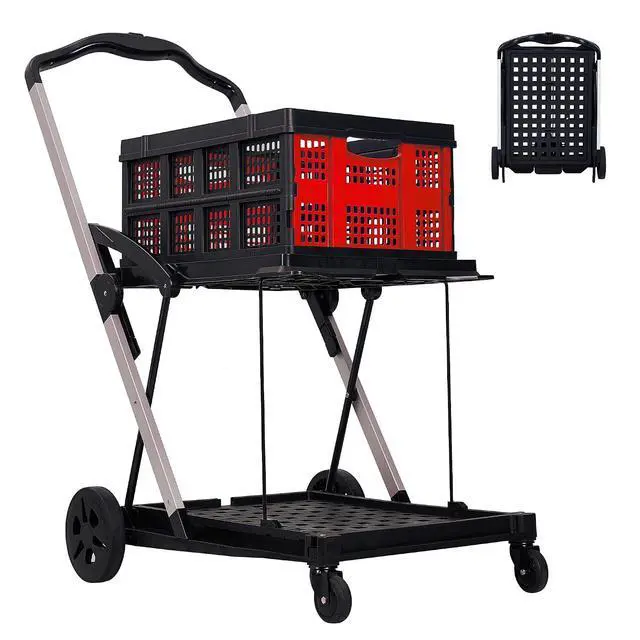 Alt view image 2 of 7 - Patikuin Heavy-Duty 2-Tier Collapsible Shopping Cart 198 Lbs Capacity, Lightweight Aluminum Frame, Removable Storage Crate, Portable Utility Trolley for Grocery, Home, Office & Garden