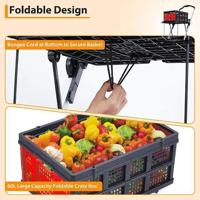 Alt view image 5 of 7 - Patikuin Heavy-Duty 2-Tier Collapsible Shopping Cart 198 Lbs Capacity, Lightweight Aluminum Frame, Removable Storage Crate, Portable Utility Trolley for Grocery, Home, Office & Garden