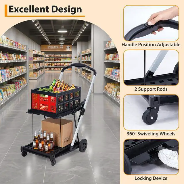 Alt view image 6 of 7 - Patikuin Heavy-Duty 2-Tier Collapsible Shopping Cart 198 Lbs Capacity, Lightweight Aluminum Frame, Removable Storage Crate, Portable Utility Trolley for Grocery, Home, Office & Garden