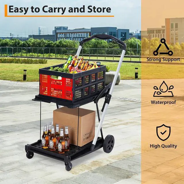 Alt view image 4 of 7 - Patikuin Heavy-Duty 2-Tier Collapsible Shopping Cart 198 Lbs Capacity, Lightweight Aluminum Frame, Removable Storage Crate, Portable Utility Trolley for Grocery, Home, Office & Garden
