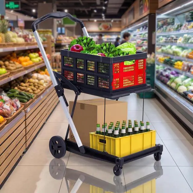 Main image of Patikuin Heavy-Duty 2-Tier Collapsible Shopping Cart 198 Lbs Capacity, Lightweight Aluminum Frame, Removable Storage Crate, Portable Utility Trolley for Grocery, Home, Office & Garden