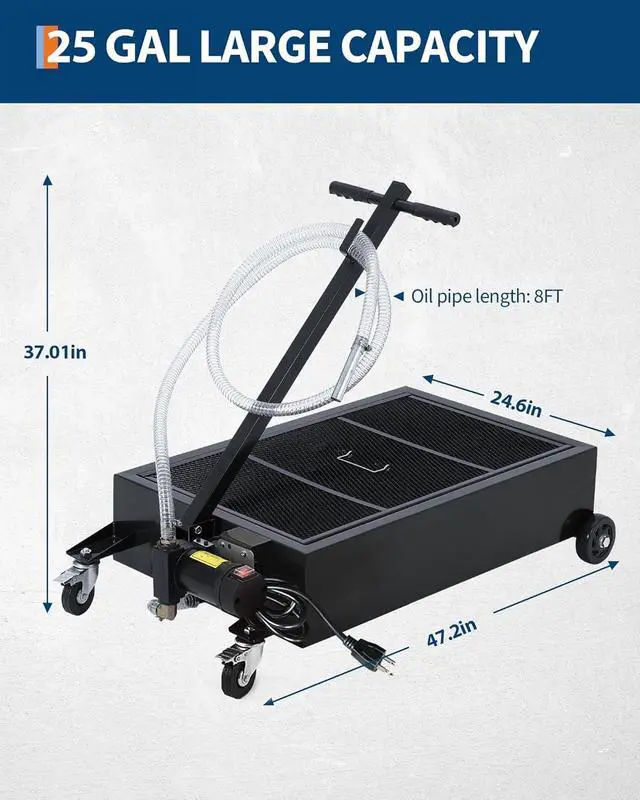 Alt view image 2 of 7 - Patikuin Heavy Duty Low Profile Oil Drain Pan Cart - 25 Gallon, 110V Electric Pump, 8.2 ft Hose, Folding Handle, Wheels, Metal Drain Tank for Cars, SUVs, Trucks, Buses, RVs - Black | 25 Gallon