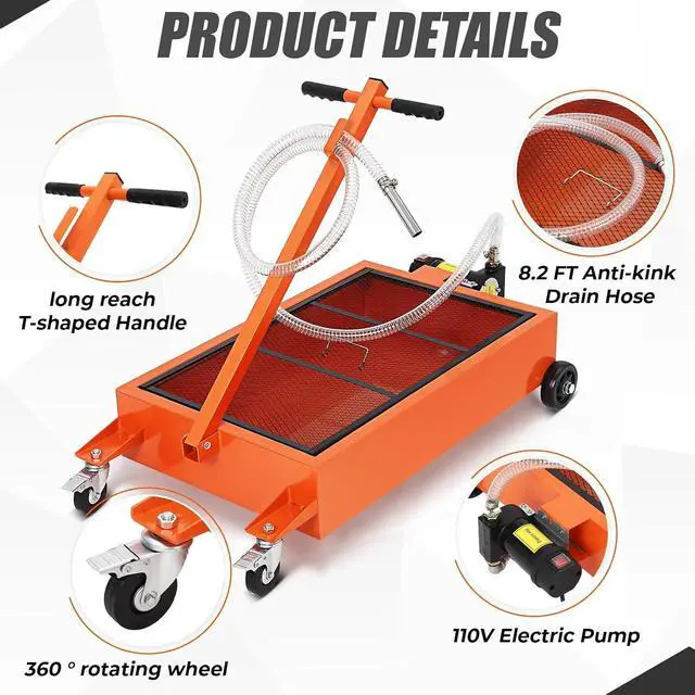 Alt view image 6 of 7 - Patikuin Heavy Duty Low Profile Oil Drain Pan - 20 Gallon, 110V Electric Pump, 8.2 ft Hose, Folding Handle, Locking Casters - Rolling Oil Drain Cart for Cars, SUVs, Trucks, RVs - Orange | 20 Gallon