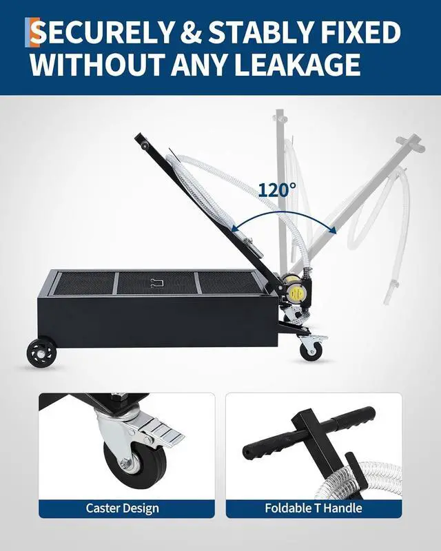 Alt view image 4 of 7 - Patikuin Heavy Duty Low Profile Oil Drain Pan Cart - 25 Gallon, 110V Electric Pump, 8.2 ft Hose, Folding Handle, Wheels, Metal Drain Tank for Cars, SUVs, Trucks, Buses, RVs - Black | 25 Gallon