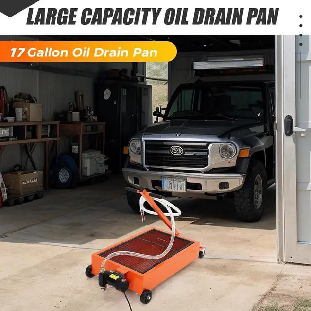 Alt view image 2 of 7 - Patikuin Heavy Duty Low Profile Oil Drain Pan - 17 Gallon, 110V Electric Pump, 8 ft Hose, Folding Handle - Large Capacity Rolling Oil Change Tank for Cars, SUVs, Trucks, Buses, RVs- Orange | 17 Gallon
