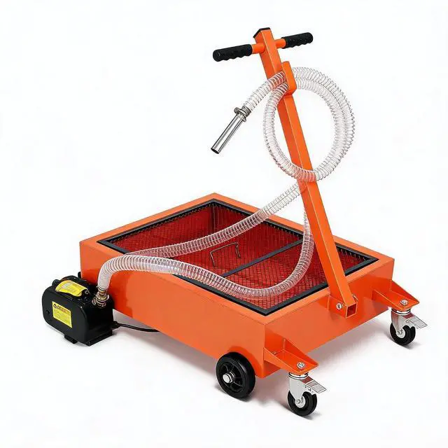 Main image of Patikuin Heavy Duty Low Profile Oil Drain Pan - 17 Gallon, 110V Electric Pump, 8 ft Hose, Folding Handle - Large Capacity Rolling Oil Change Tank for Cars, SUVs, Trucks, Buses, RVs- Orange | 17 Gallon