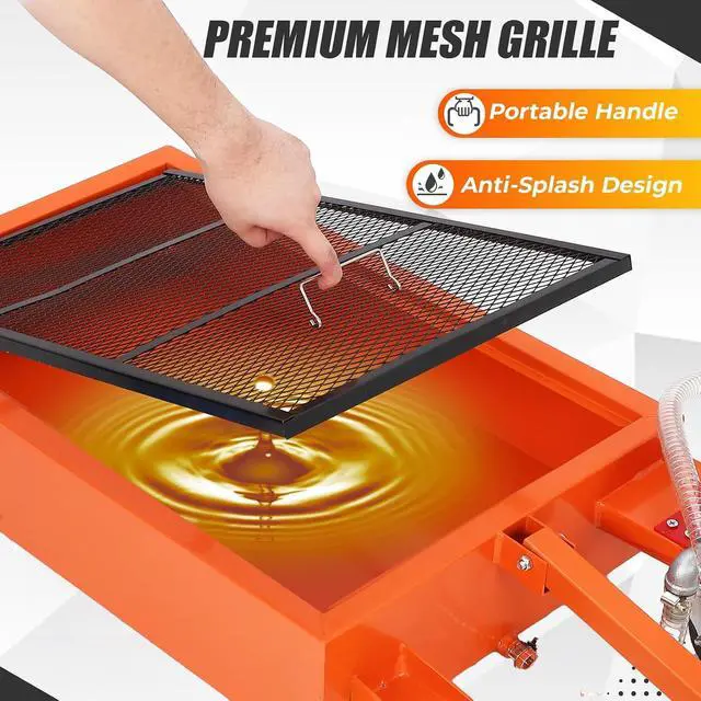 Alt view image 5 of 7 - Patikuin Heavy Duty Low Profile Oil Drain Pan - 20 Gallon, 110V Electric Pump, 8.2 ft Hose, Folding Handle, Locking Casters - Rolling Oil Drain Cart for Cars, SUVs, Trucks, RVs - Orange | 20 Gallon