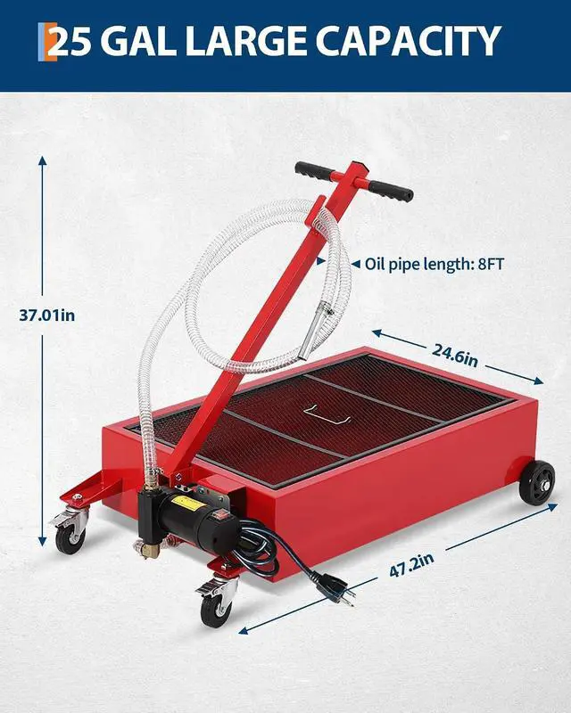 Alt view image 2 of 7 - Patikuin Heavy Duty Low Profile Oil Drain Pan - 25 Gallon, 110V Electric Pump, 8.2 ft Discharge Hose, Folding Handle - Rolling Oil Change Tank for Cars, Trucks, SUVs, Buses, RVs - Red | 25 Gallon