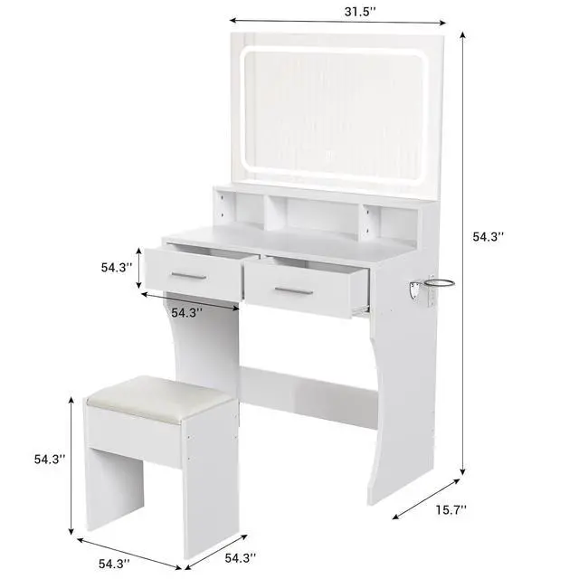 Alt view image 4 of 7 - Patikuin Vanity Desk with Mirror and Lights, Makeup Vanity Table Set with Drawers, Charging Station & Stool, Compact Wood Make Up Dressing Table for Girls Bedroom, Dorm Apartments, White