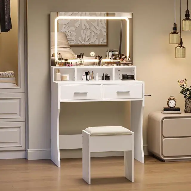 Main image of Patikuin Vanity Desk with Mirror and Lights, Makeup Vanity Table Set with Drawers, Charging Station & Stool, Compact Wood Make Up Dressing Table for Girls Bedroom, Dorm Apartments, White