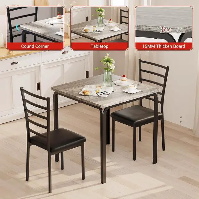 Alt view image 4 of 7 - Patikuin Space-Saving Modern 3-Piece Square Dining Table Set for 2 Kitchen Table and Upholstered Chairs Sturdy Metal Frame & MDF Built-in Storage Shelf Easy Assembly Oak